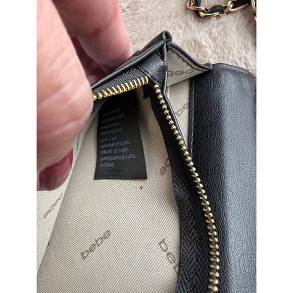 Bebe Quilted Black Leather Crossbody Purse With Gold Chain Strap & Rhinestone Lo - Picture 14 of 15